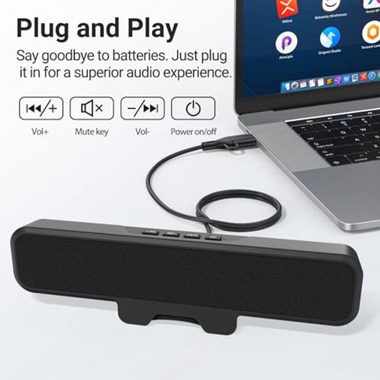 Computerluidsprekers - Soundbar PC - Muziek Luisteren - Verbeterde monitorclip - 20 cm breed - Zwart — afbeelding 5