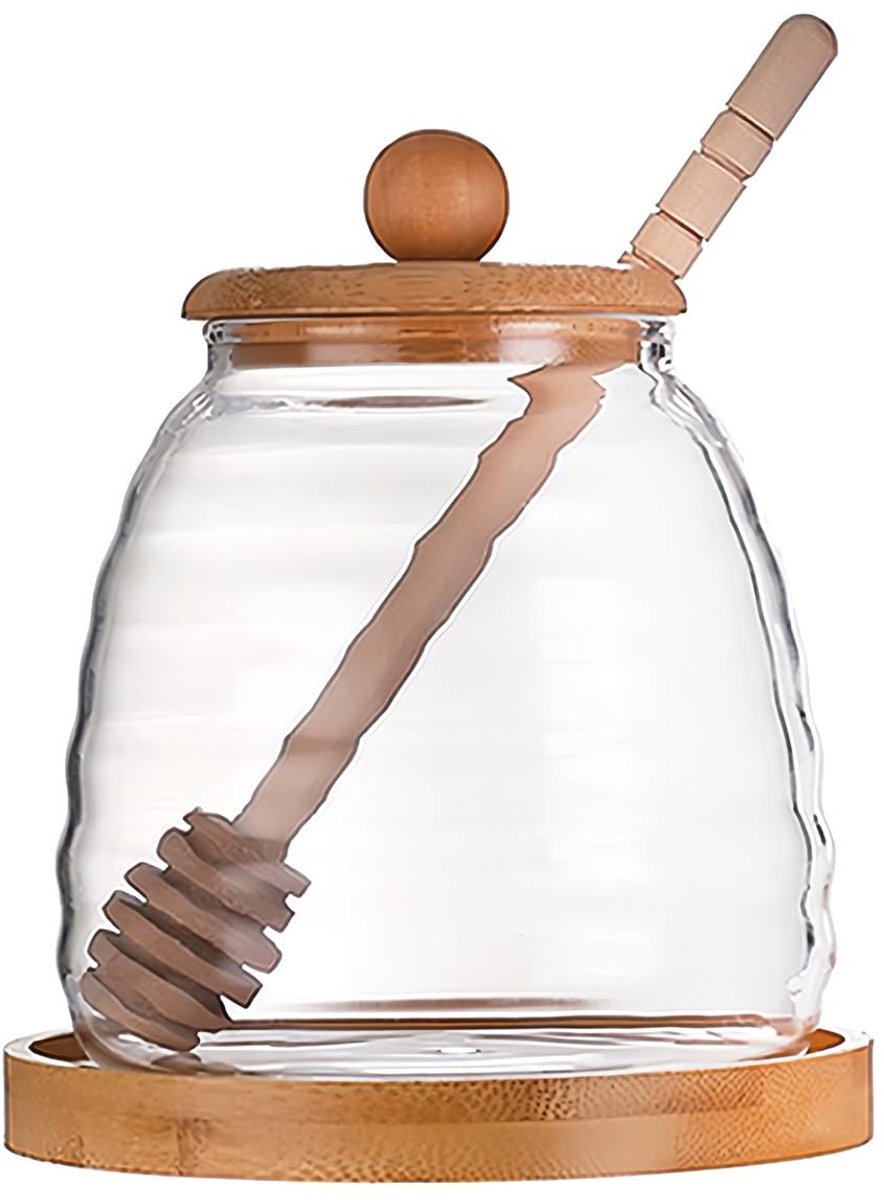 Dailygoods- Honingpot 16oz - Glazen Honingpot met Bamboe Deksel - Honingdispenser - Handgemaakte Dipper - Keuken Opslag Container - Duurzaam Borosilicaatglas