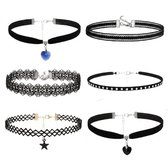 Zwarte ketting dames choker set met fluweel, kant en hartje hanger – 6-delige Gothic ketting set met ster hanger, bloemen choker, velvet halsketting en punk stijl accessoires