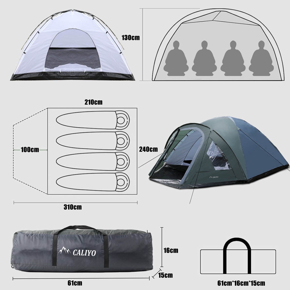 CALIYO camping tent - 3-4 Person - 310x240x130cm - Waterdicht 3000 mm - Koepeltent met verduistering - snel opzetten - voor Outdoor Kampeer – foto 2