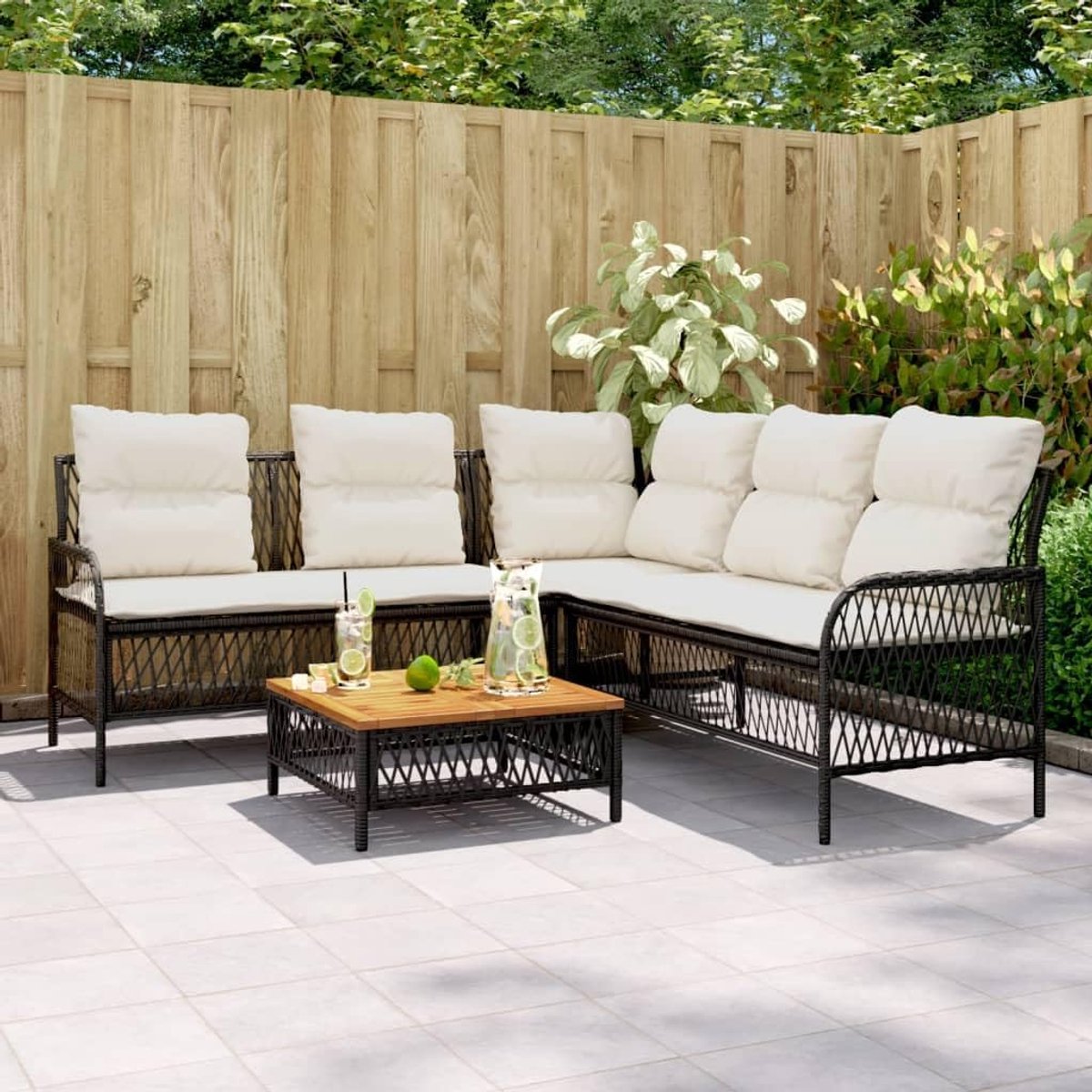 Luxe 3-delige Poly Rattan Loungeset met Kussens – Zwart Tuin Lounge Set met Acacia Houten Tafel 171,5 x 171,5 x 70 cm