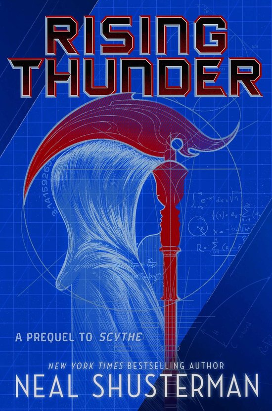 Boekomslag voor 'Rising Thunder' met een figuur in een blauwe cape met een rode zeis tegen een blauwe achtergrond met wiskundige formules.