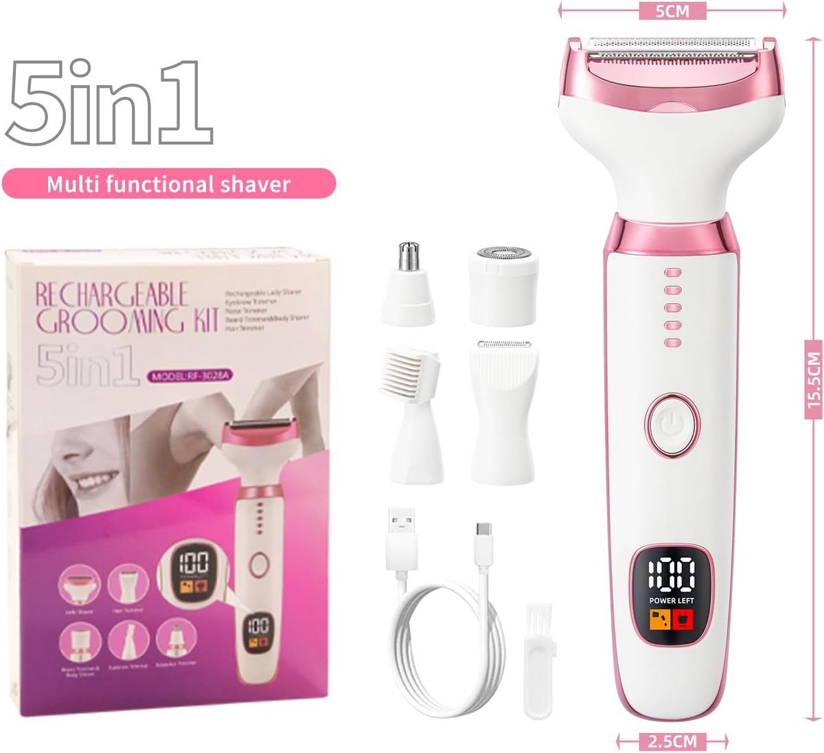 5-in-1 Elektrisch Epilator voor Vrouwen - Oplaadbare Bikinischaaf met Digitale Batterij-indicator - Verwisselbare Opzetstukken voor Gezicht, Lichaam en Intieme Zones - USB-C - Wit thumbnail 3