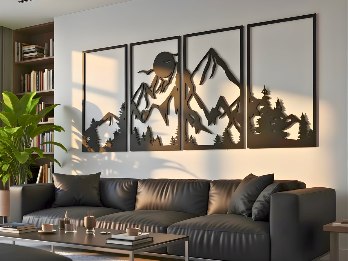 Wanddecoratie Bergen, Houten Wandbeeld, 3D Wanddecoratie voor Thuis, Moderne Beelden voor Huis Kantoor Slaapkamer, Woonkamer en Keuken - 180x78 cm