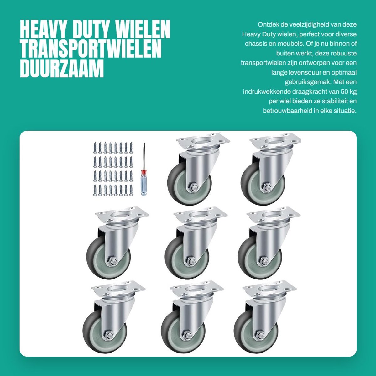 Dailygoods- Meubelwielen Heavy Duty - Zwenkwielen - Rubber Wielen - Transportwielen - Laadcapaciteit 50 kg - Galvaniseerd Staal
