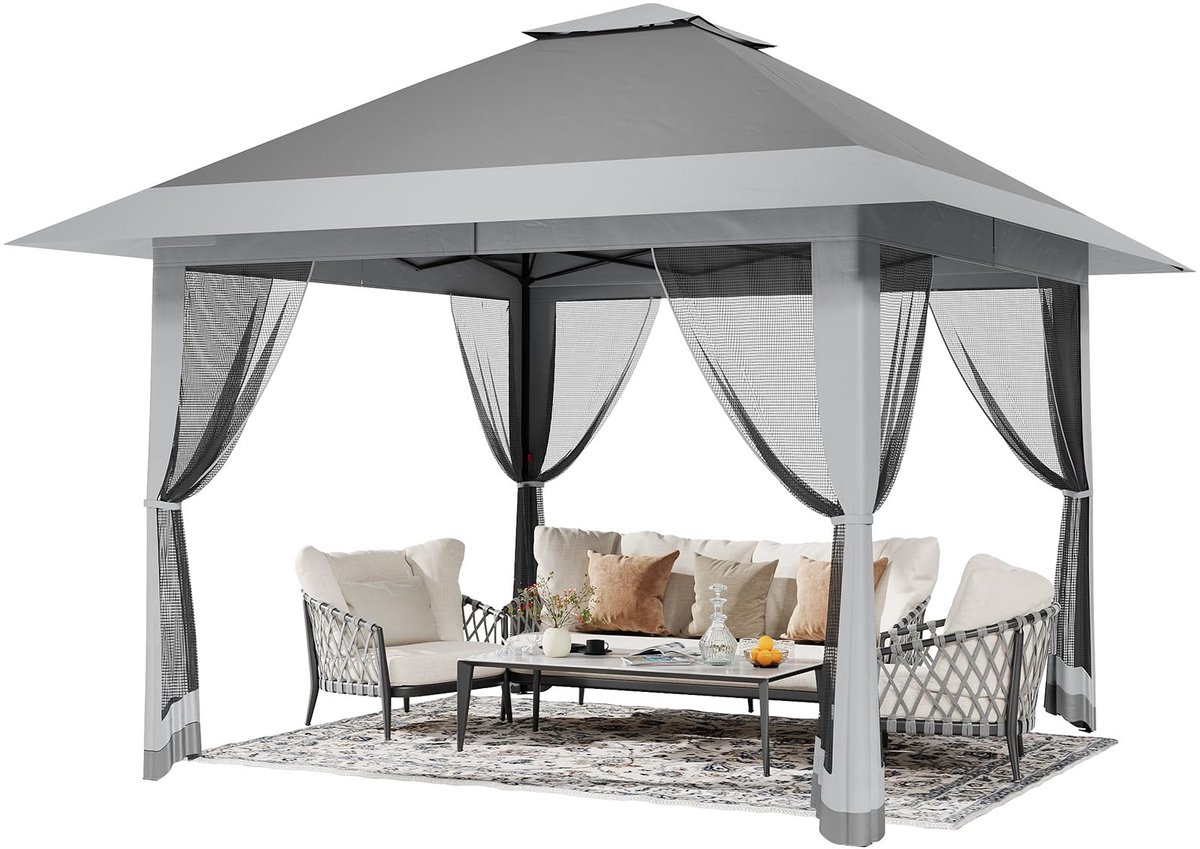 Triumpunpre Partytent 4x4m - Opvouwbaar Paviljoen - Easy Up - Met Muggennet - Tuinpaviljoen - Inclusief Draagtas - Waterafstotend - Grijs