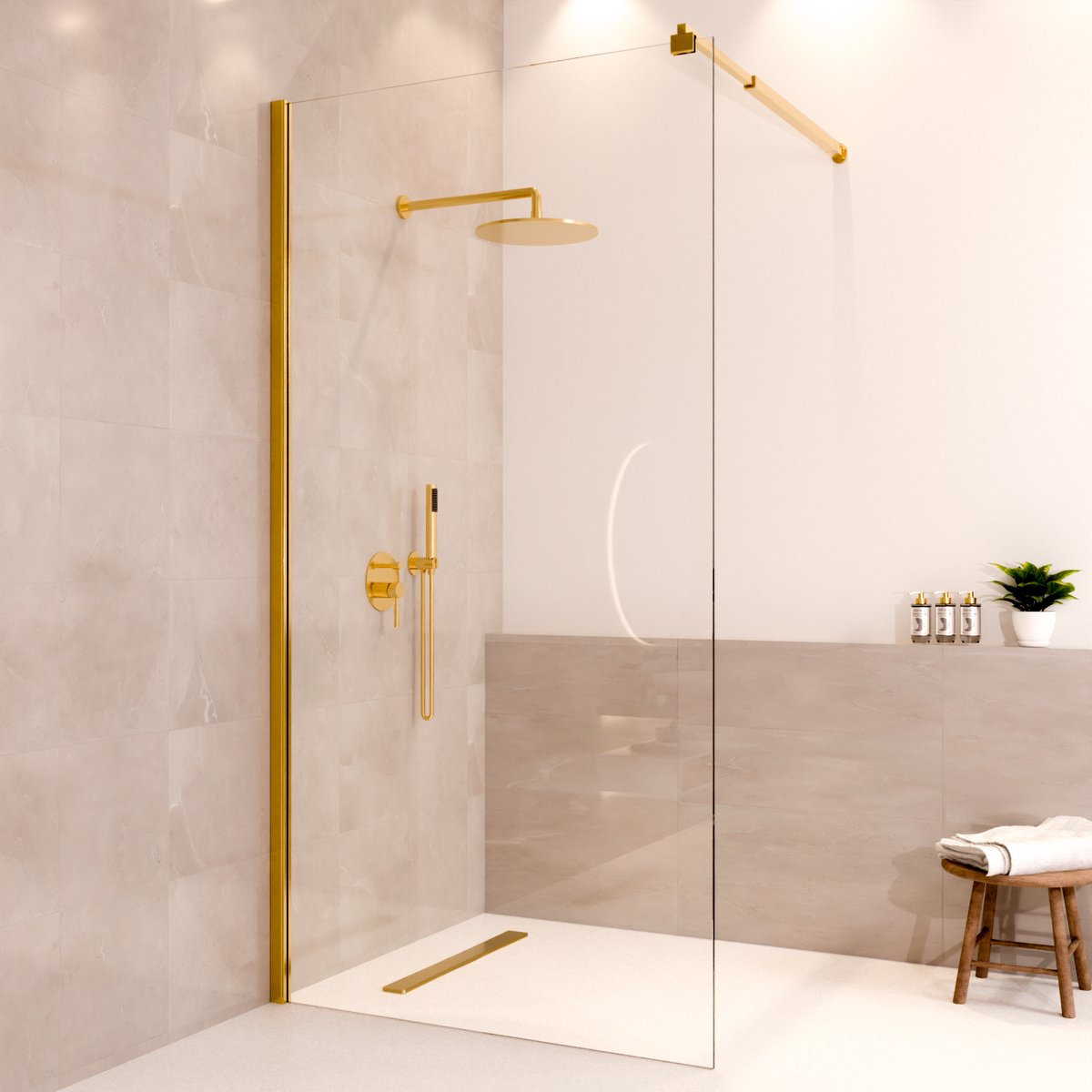 Lomazoo Douchewand Lima - 100x200 Cm - Inloopdouche Goud - 8 Mm Helder Glas - Nano Coating Anti Kalk