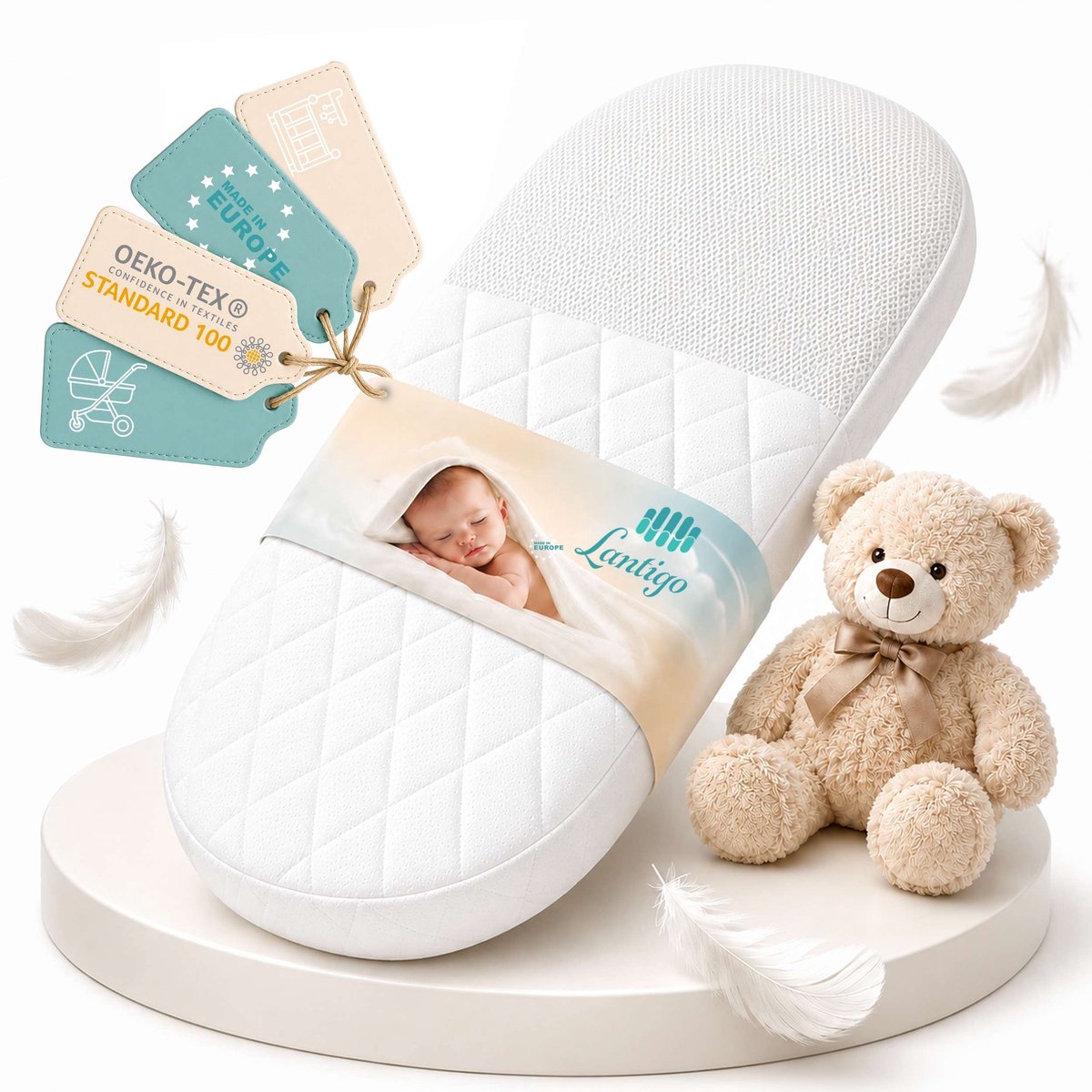 Lantigo AERO Babymatras Ovaal 75x30x6 cm | Tweezijdig 3D-Airmesh Ademend | Wasbare Aloe Vera Hoes | Wandelwagen Latexvrij voor Baby's | Gemaakt in EU