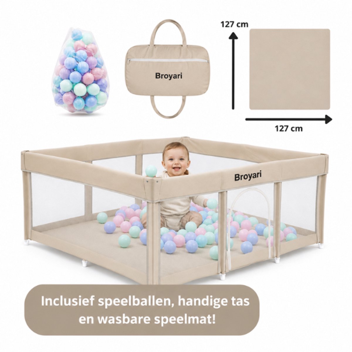 Broyari® Grondbox Baby 127x127 cm – Binnen 2 Seconden Inklapbaar – Inclusief Speelmat & 50 Speelballen – Opvouwbare Baby Speelbox – Kinderbox – Playpen – Beige – foto 7