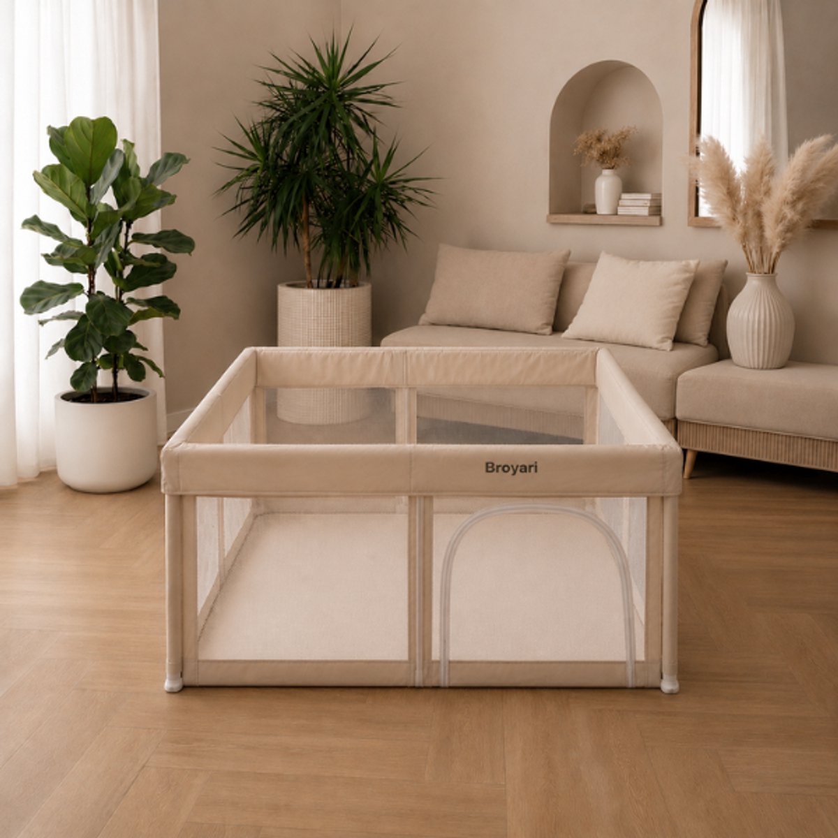 Broyari® Grondbox Baby 127x127 cm – Binnen 2 Seconden Inklapbaar – Inclusief Speelmat & 50 Speelballen – Opvouwbare Baby Speelbox – Kinderbox – Playpen – Beige – foto 6