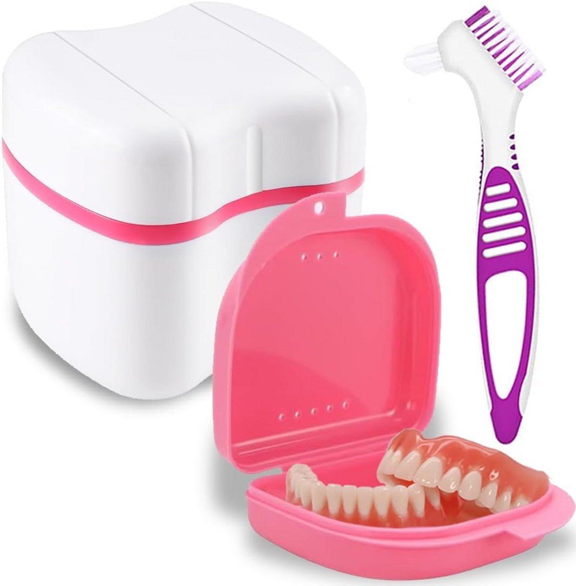 Prothesenbox met borstel - Tandbad houder - Kunstgebit reinigen - Met uitneembaar mandje - 25 cm lengte - Roze