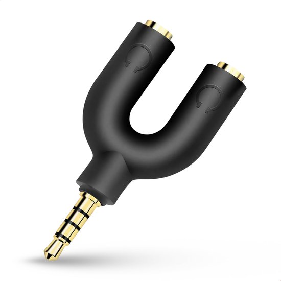 Répartiteur audio noir en forme de U avec connexions jack 3.5mm plaquées or.
