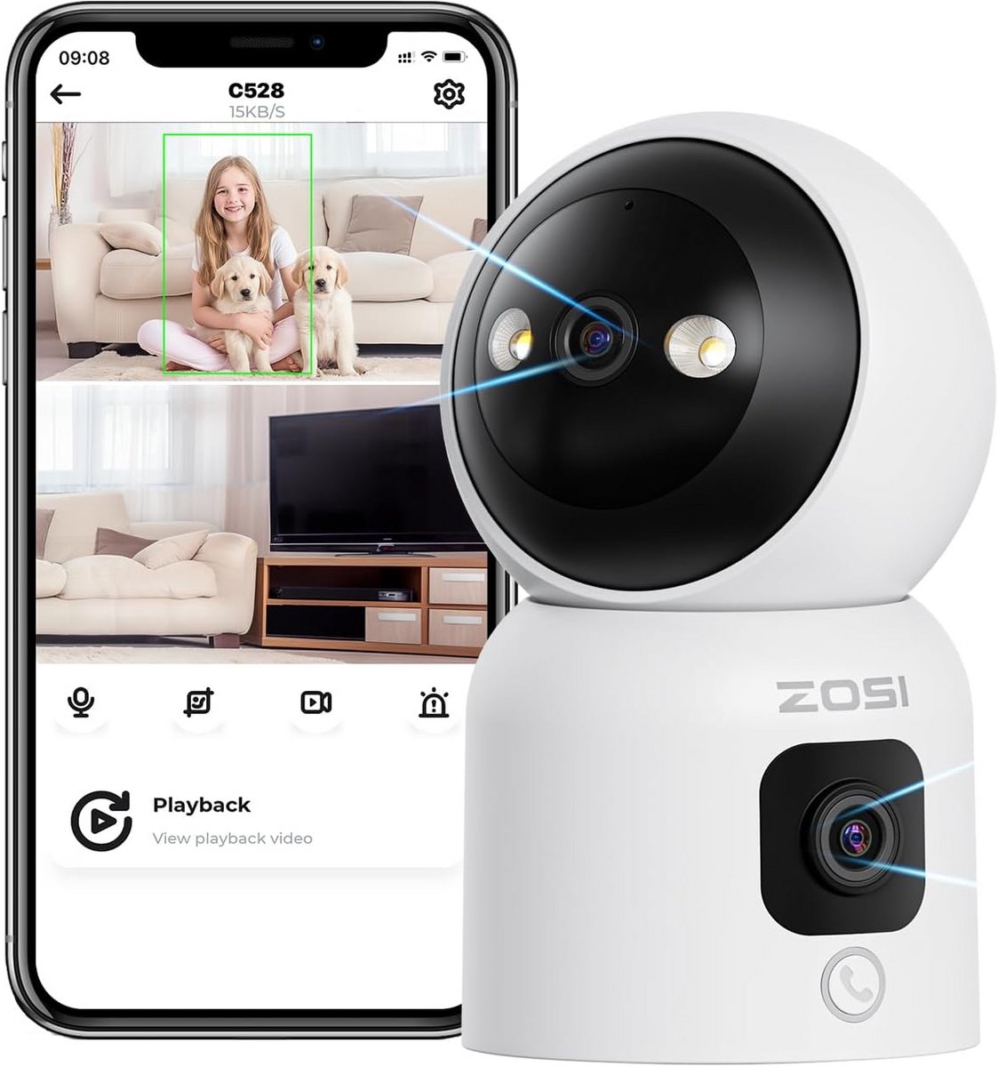 Beveiligingscamera Binnen - Koepelcamera WiFi - Huisbewaking Kinderen - Dubbele Lens Pan/Tilt - 6MP Resolutie - Wit