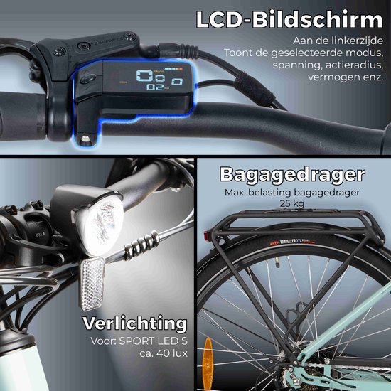 SAXXX Urbana elektrische stadsfiets - 28 inch –250W achterwielmotor–417Wh uitneembare lithiumaccu –tot 90 km actieradius –95% voorgemonteerd –Shimano 7 versnellingen –TEKTRO hydraulische schijfremmen– lage instap aluminium frame– glanzend licht cyaan van Saxxx — afbeelding 2