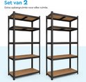 Set van twee identieke zwarte stellingkasten met houten planken.