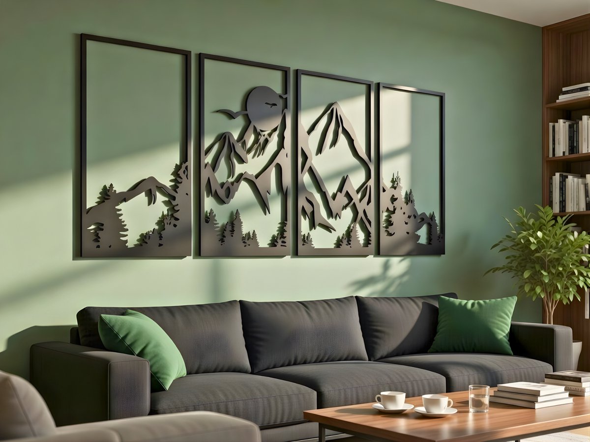 Wanddecoratie Bergen, Houten Wandbeeld, 3D Wanddecoratie voor Thuis, Moderne Beelden voor Huis Kantoor Slaapkamer, Woonkamer en Keuken - 232x100 cm