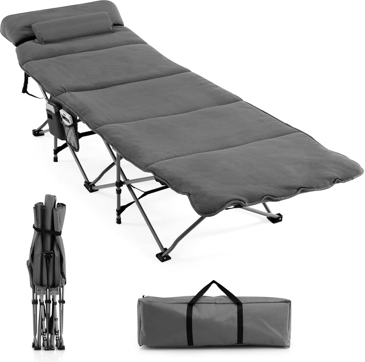 Opvouwbaar veldbed - Draagbaar buitenbed - Kamperen en relaxen - Afneembare matras en kussen - 191 x 68 cm - Grijs