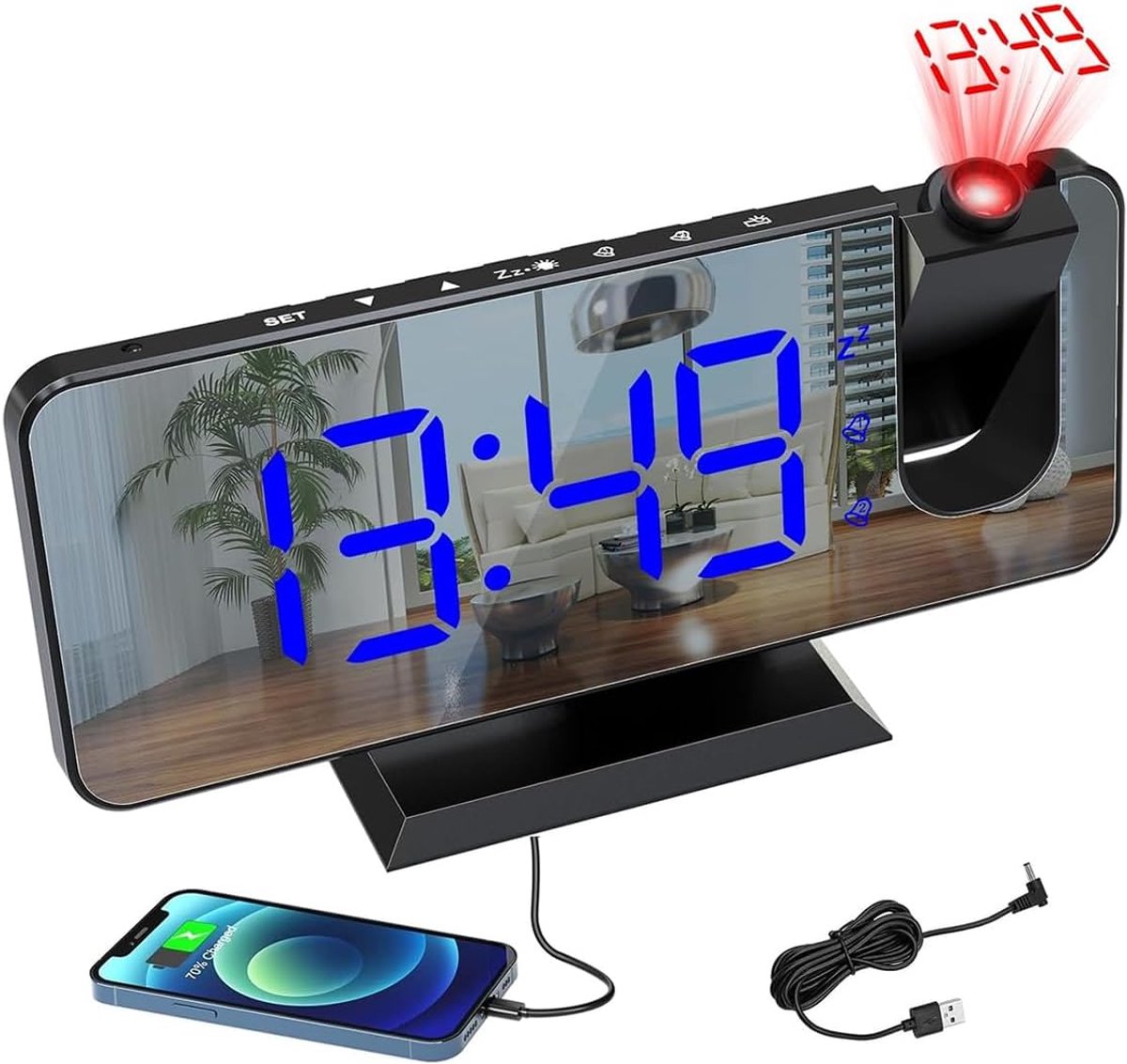 Projectiewekker Digitale Klok - Spiegelwekker Tafellamp - Tijd Tonen Nachtkastje - 180° Draaibare Projector - 7.5 Inch Scherm - Zwart