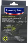 Hansaplast Performance Enkelbrace, zwart met groene accenten, op een afbeelding van een enkel.