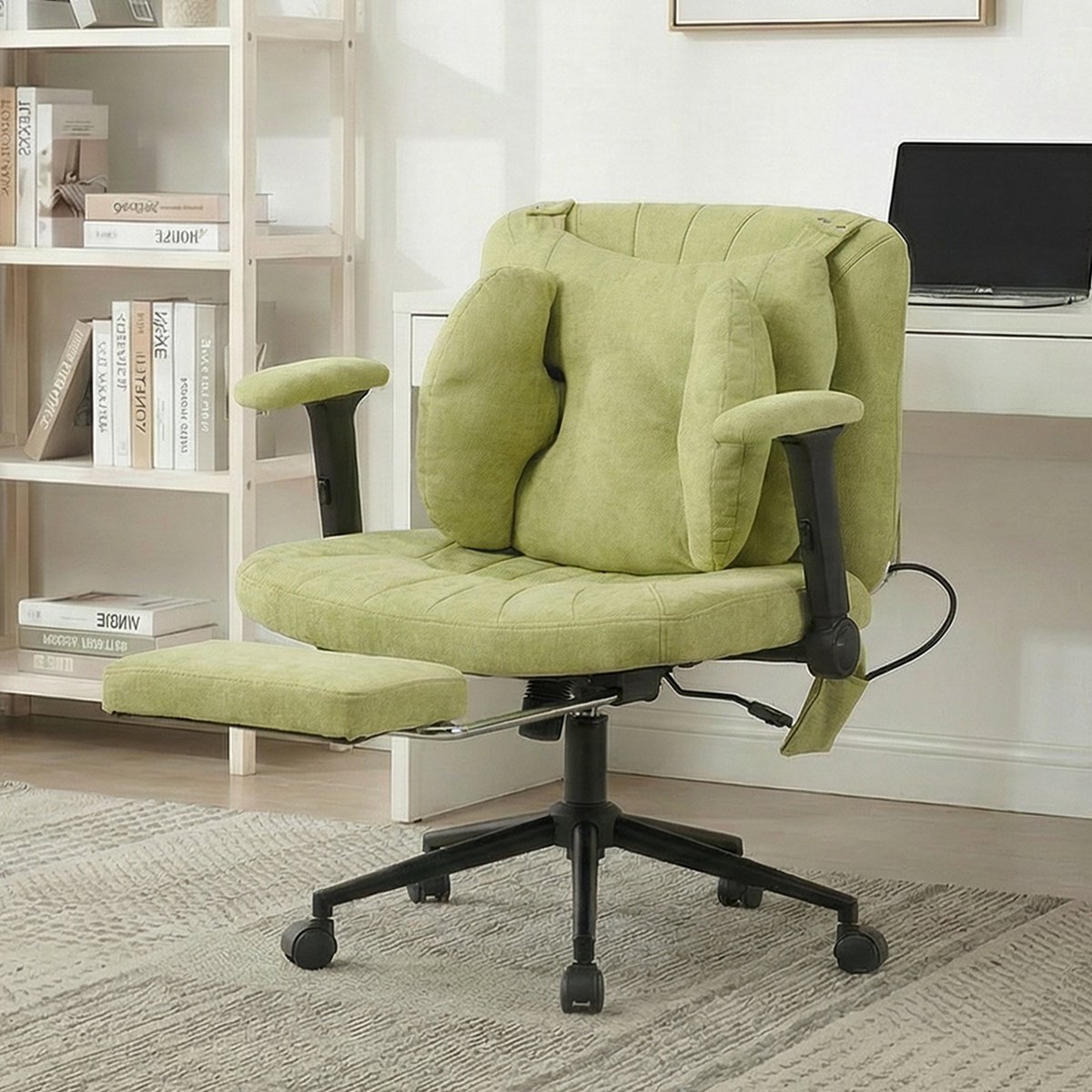 OKWISH Bureaustoel Met Wieltjes en Voetensteun Verstelbare Zithoogte Ergonomisch Voor Thuiswerk Stof Groen