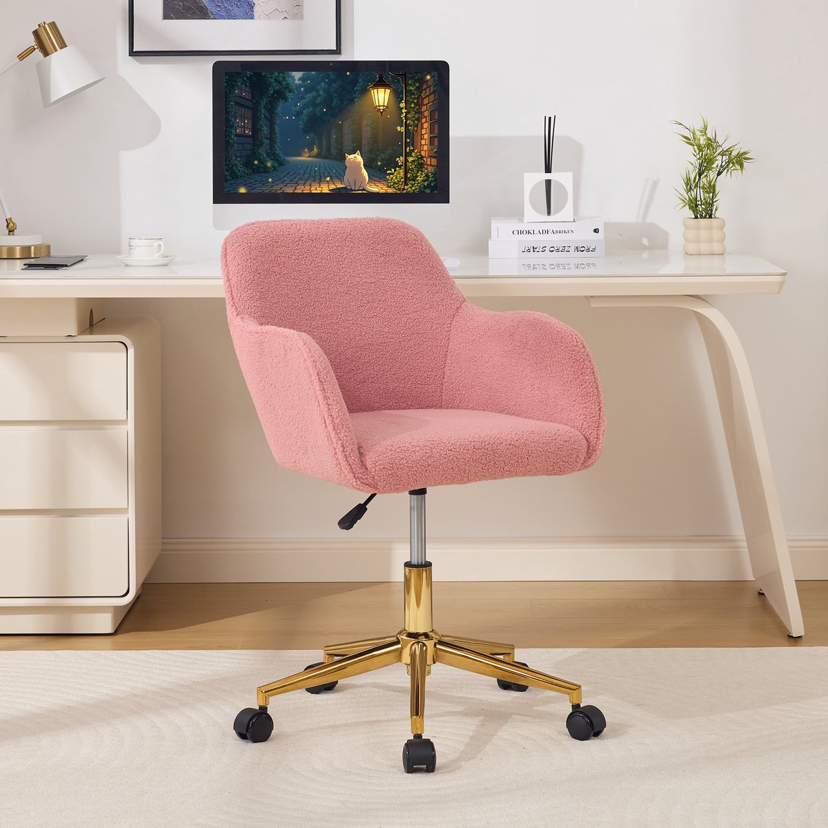 OKWISH Bureaustoel 58 x 58 x 86 cm - In Hoogte Verstelbaar En 360° Draaibaar - Voor Bureau En Thuiswerkplek - Teddy - Roze