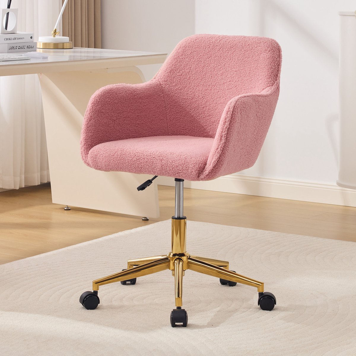 MIVRAY Bureaustoel - Verstelbaar 360 Graden Draaibaar Met Zachte - Voor Thuiswerk En Kantoor - 58 x 58 x 86 cm - Teddy Bekleding - Roze thumbnail 4