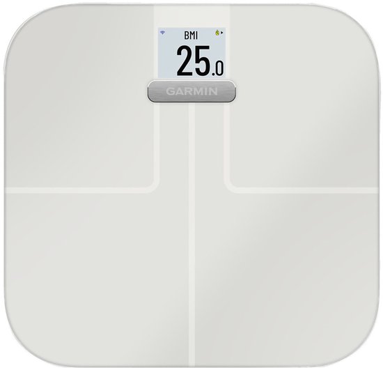 Witte Garmin weegschaal met display waarop BMI 25.0 wordt weergegeven.