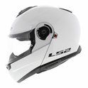 Casque modulable blanc LS2, vue de côté. Visière teintée, logos LS2 noirs.