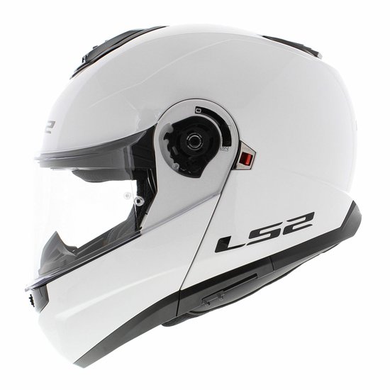 Casque modulable blanc LS2, vue de côté. Visière teintée, logos LS2 noirs.