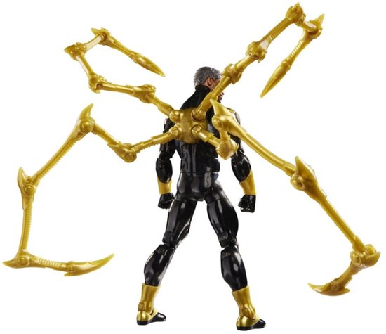 De achterkant van het Iron Spider actiefiguur, met zwart pak, gouden details en vier gele robotarmen.