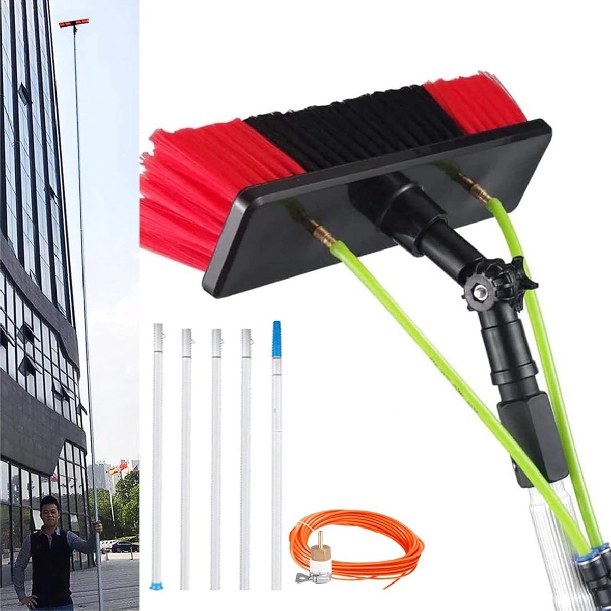 Raamreinigingskit - Lange steel borstel - Hoge ramen poetsen - Watertoevoer systeem - 9 meter bereik - Grijs