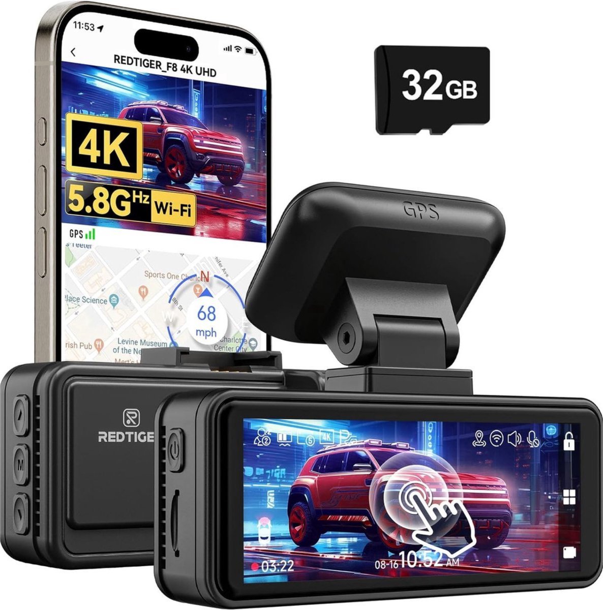 RedTiger F8 Lite Dashcam voor auto - 4K - Voor Camera - WiFi en GPS - 3,18 Inch met App - Dashcams - 2025 model - Sony Sensor - Nachtzicht - Parkeerbewaking - G Sensor - Loop opname -