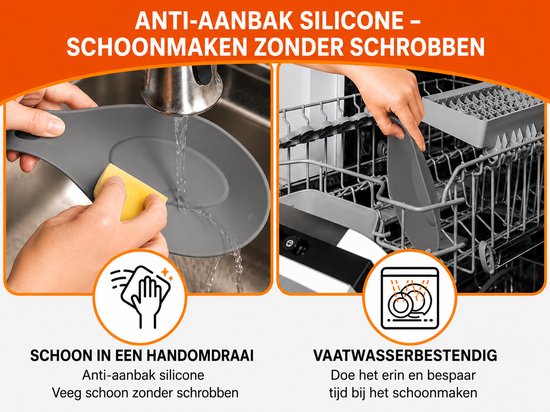 Donkergrijze lepelhouder van anti-aanbak siliconen, makkelijk schoon te maken en vaatwasserbestendig.