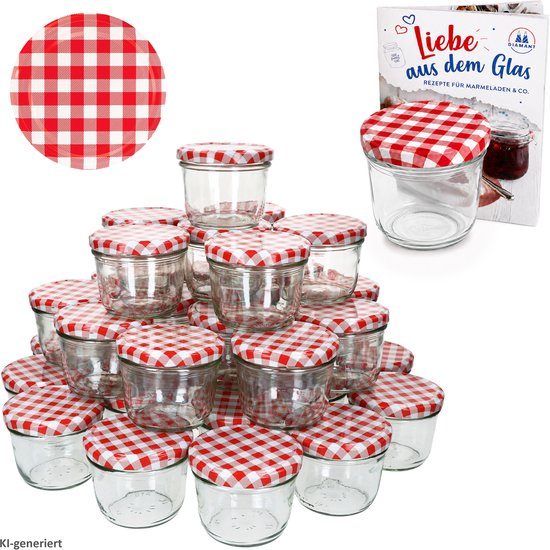 Set van 100 potten 230 ml jampot inmaakpot Naar 82 rood geruit deksel incl. Diamant-Zucker Gelierzauber receptenboekje