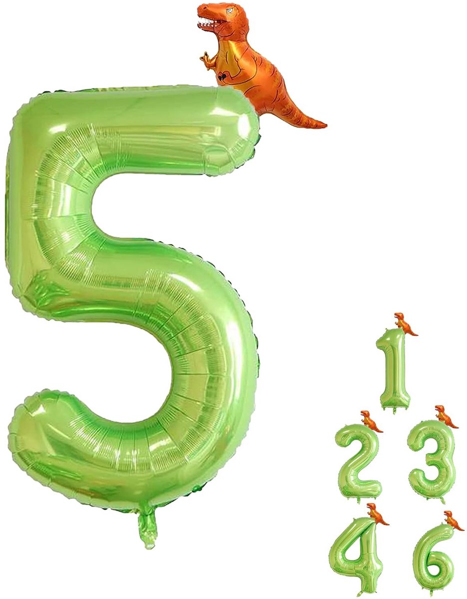 Folieballon 5 Stuks - Jumbo Cijfer 101 cm - Mini Dinosaurus - Verjaardagsdecoratie - Feestcombinatie - Duurzaam Materiaal - Verjaardagsballon