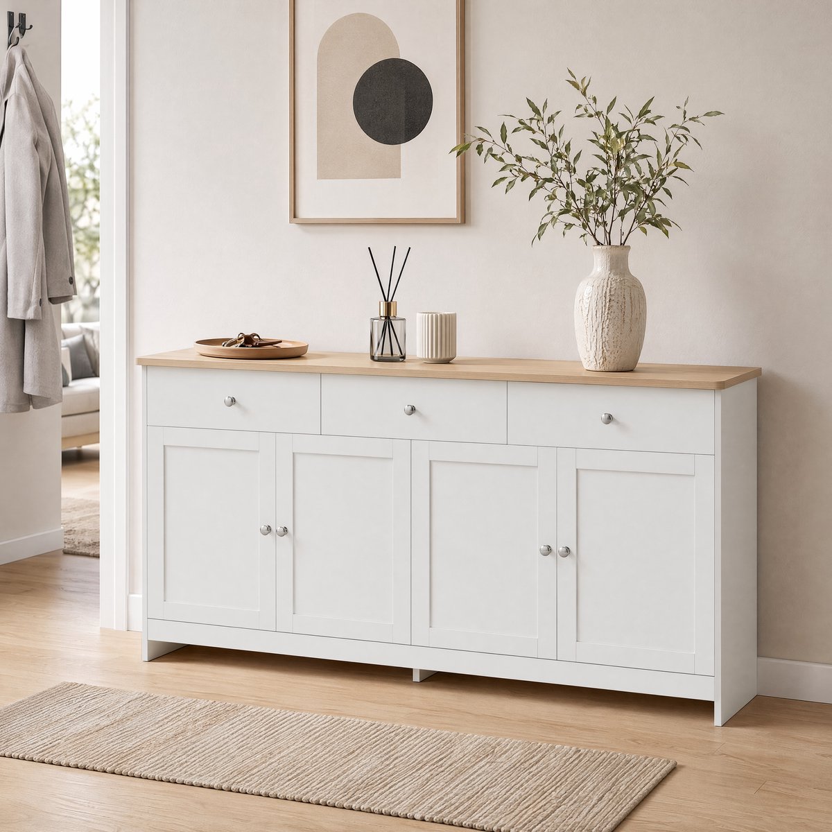 Opbergkast 160cm wit met eiken blad, landelijke stijl, 4 deuren en 3 laden