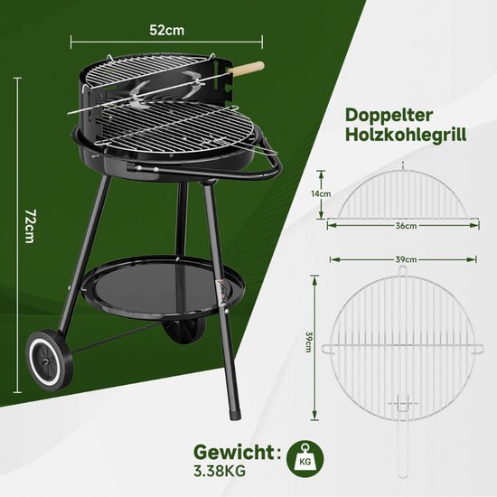 Homelux Draagbare houtskoolgrill + BBQ-spies met bevestigingsclips - Ronde grill met wielen en windscherm - BBQ - Hoogte verstelbaar - roestvrijstalen rooster voor tuin en camping van homelux — afbeelding 4