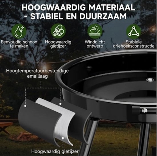 Homelux Draagbare houtskoolgrill + BBQ-spies met bevestigingsclips - Ronde grill met wielen en windscherm - BBQ - Hoogte verstelbaar - roestvrijstalen rooster voor tuin en camping van homelux — afbeelding 5