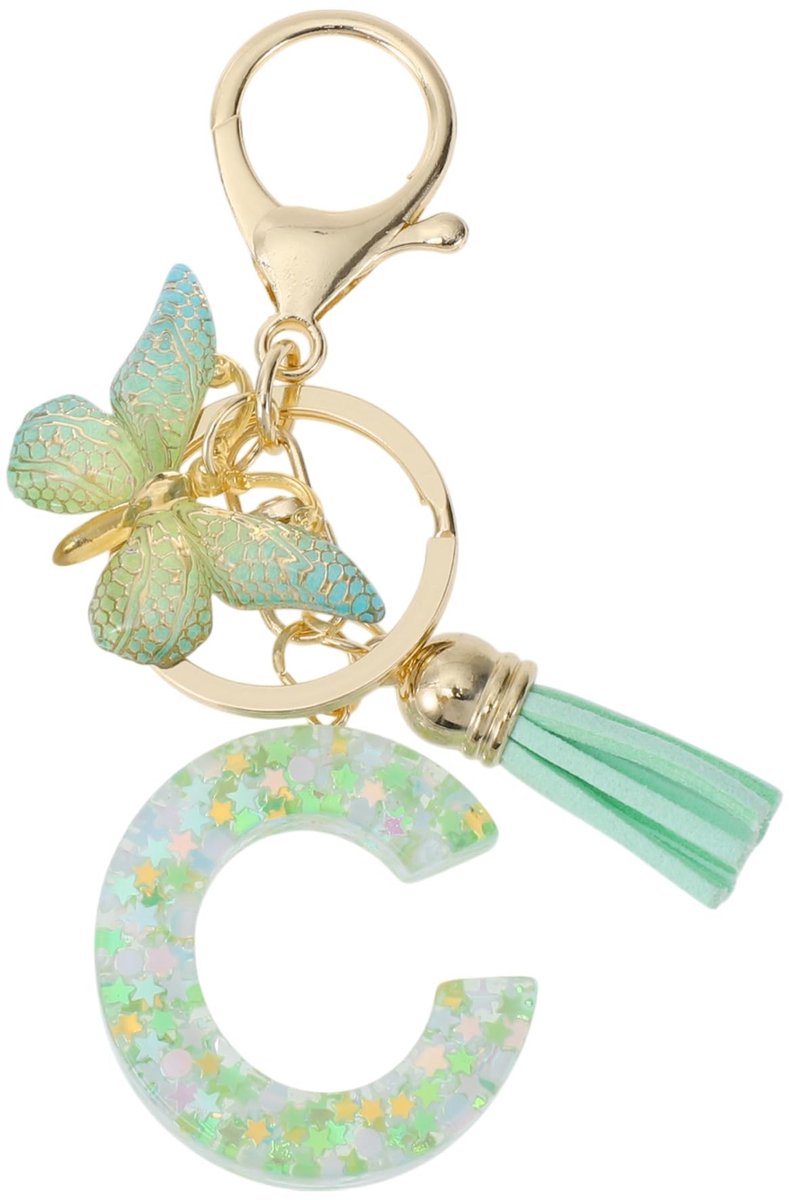 Dailygoods- Sleutelhanger met letter C - Vlinder/Sleutelhanger - Cadeau voor Vrouwen - Lichtgroen - Hars/Legering - Totale lengte 9,3 cm - Sleutelring