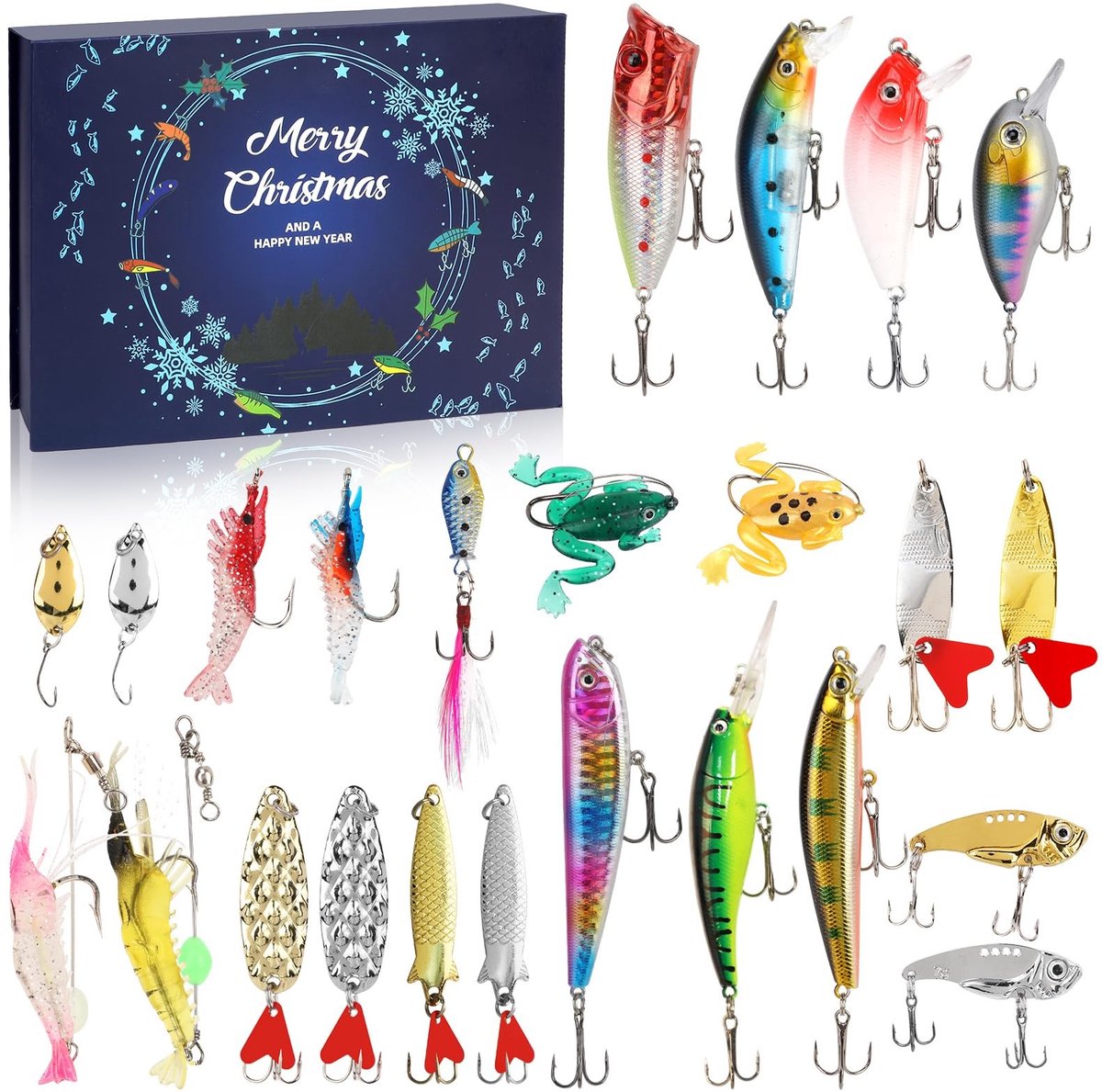 Dailygoods- Adventskalender 2025 voor mannen - Adventskalender vissen - Visser-adventskalender - Kerstcadeaus voor mannen - Tieners/jongens - 24 hoogwaardige visaas - Hengelkalender