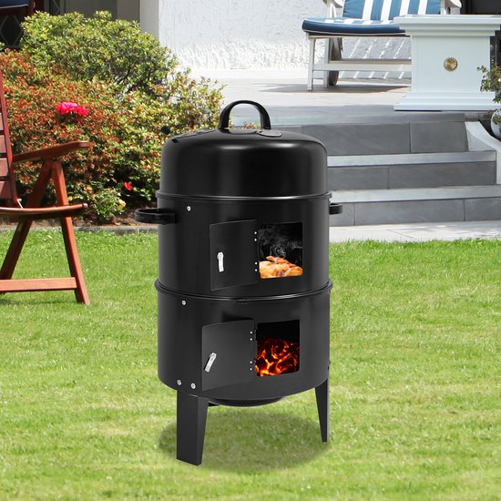 Linkforu - 3-in-1 Multifunctionele BBQ - Grill - Stook- Rookoven met Deksel en Thermometer - Houtskoolgrill - 2 Verstelbare Kleppen van Merkloos — afbeelding 3