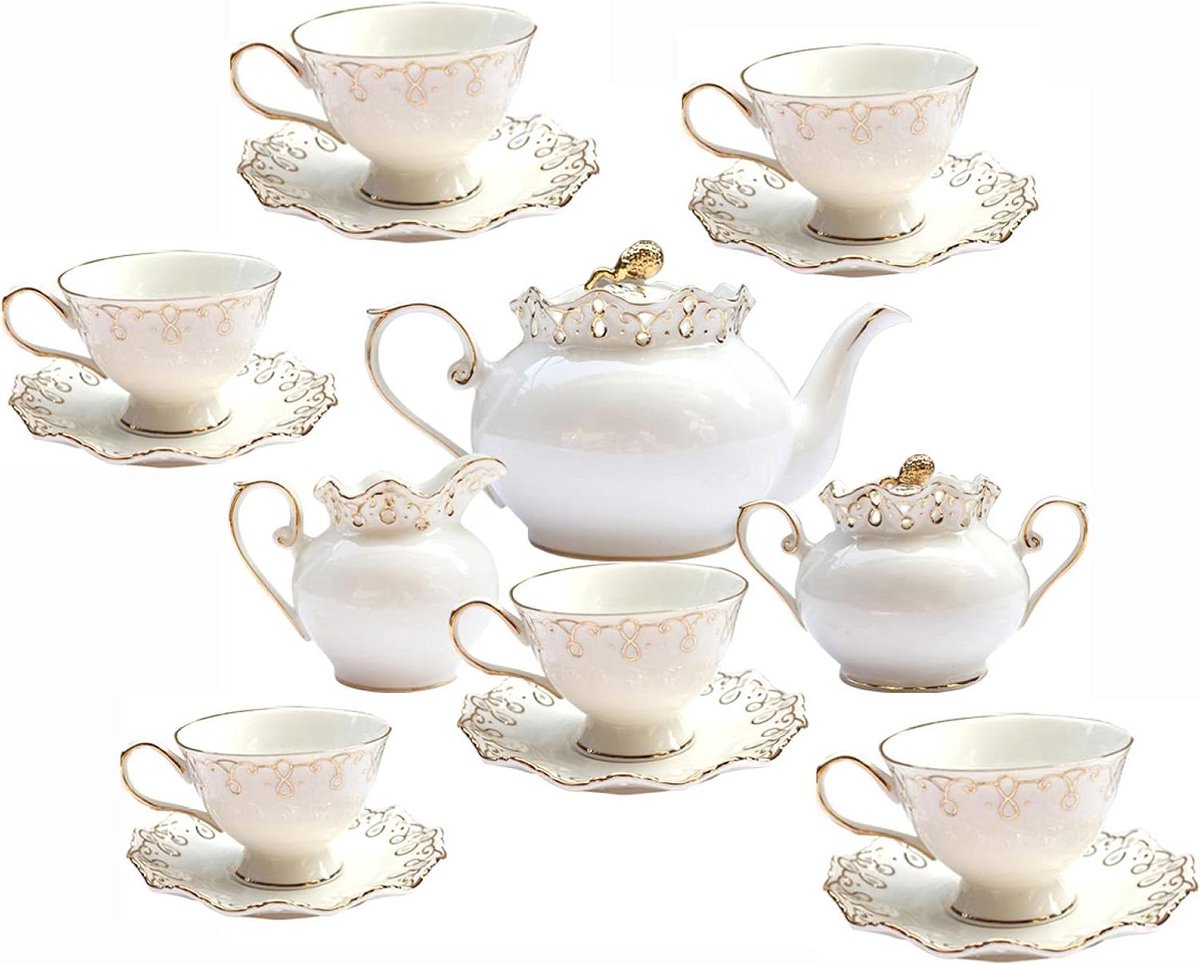 Porseleinen Theeservies - Theeset Koffieset - Afternoon Tea - Britse Vintage Stijl - 15 Delig - Wit