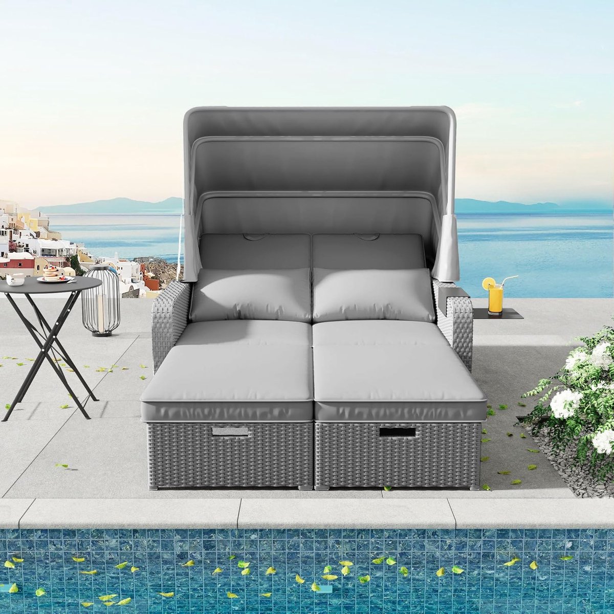 Tuinbank met Luifel 196x130x152 cm Polyrotan Loungesofa & Ligbed voor 2 Personen met Verstelbaar Uitschuifbaar Ligvlak, Inclusief Dikke Kussens en Afneembare Zonwering Grijs – Mobili Bella