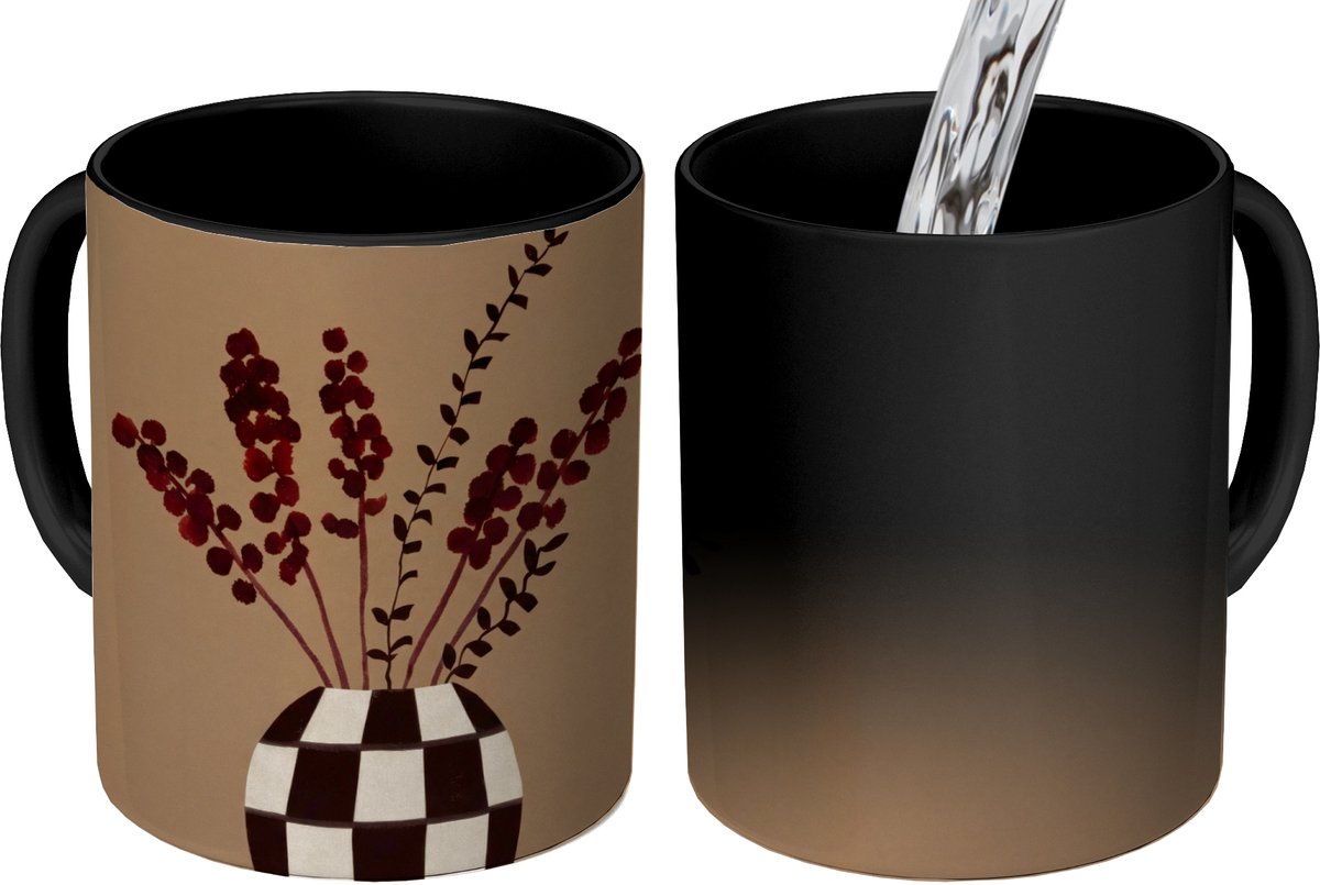 Magische Mok - Foto op Warmte Mokken - Koffiemok - Minimalistisch - Vaas - Bloemen - Bruin - Magic Mok - Beker - 350 ML - Theemok
