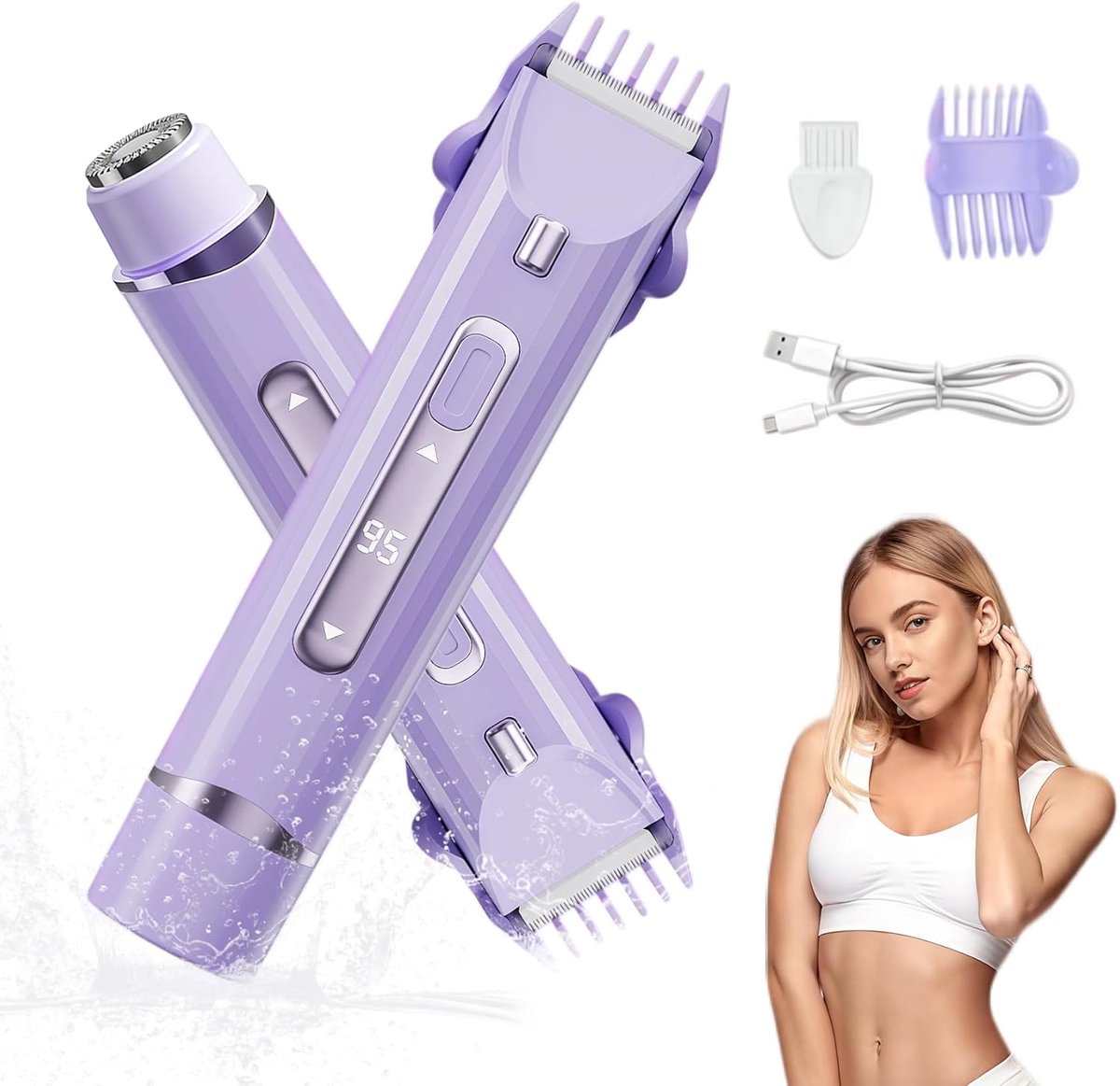 2-in-1 Elektrisch Scheerapparaat Vrouw - Ladyshave en Bikini Trimmer - Pijnloze Body Groomer voor Gezicht, Oksels en Benen - Waterdicht en Oplaadbaar - paars