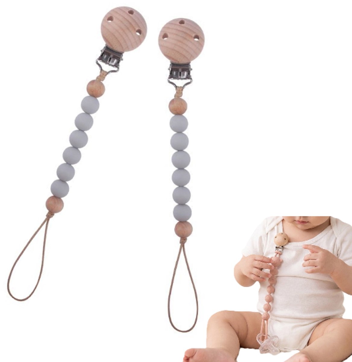 2 Stuks Speenkoord – speenketting - Baby Accessoires - siliconen kralen - Kinderwagen - Kleding - Veilig - Duurzaam – Handig - Hout (look) - LOUZIR