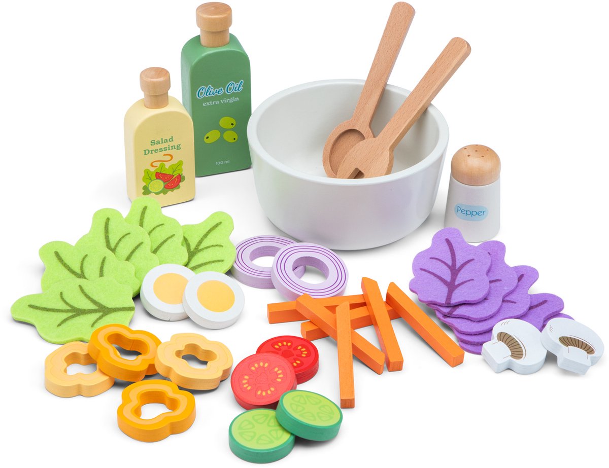 Woet® Houten Salade Set - "Maak Je Eigen Salade" Speelset met 30+ Accessoires - Rollenspel Speelgoedeten - Educatief Keukenspeelgoed - Vanaf 3 Jaar — afbeelding 5