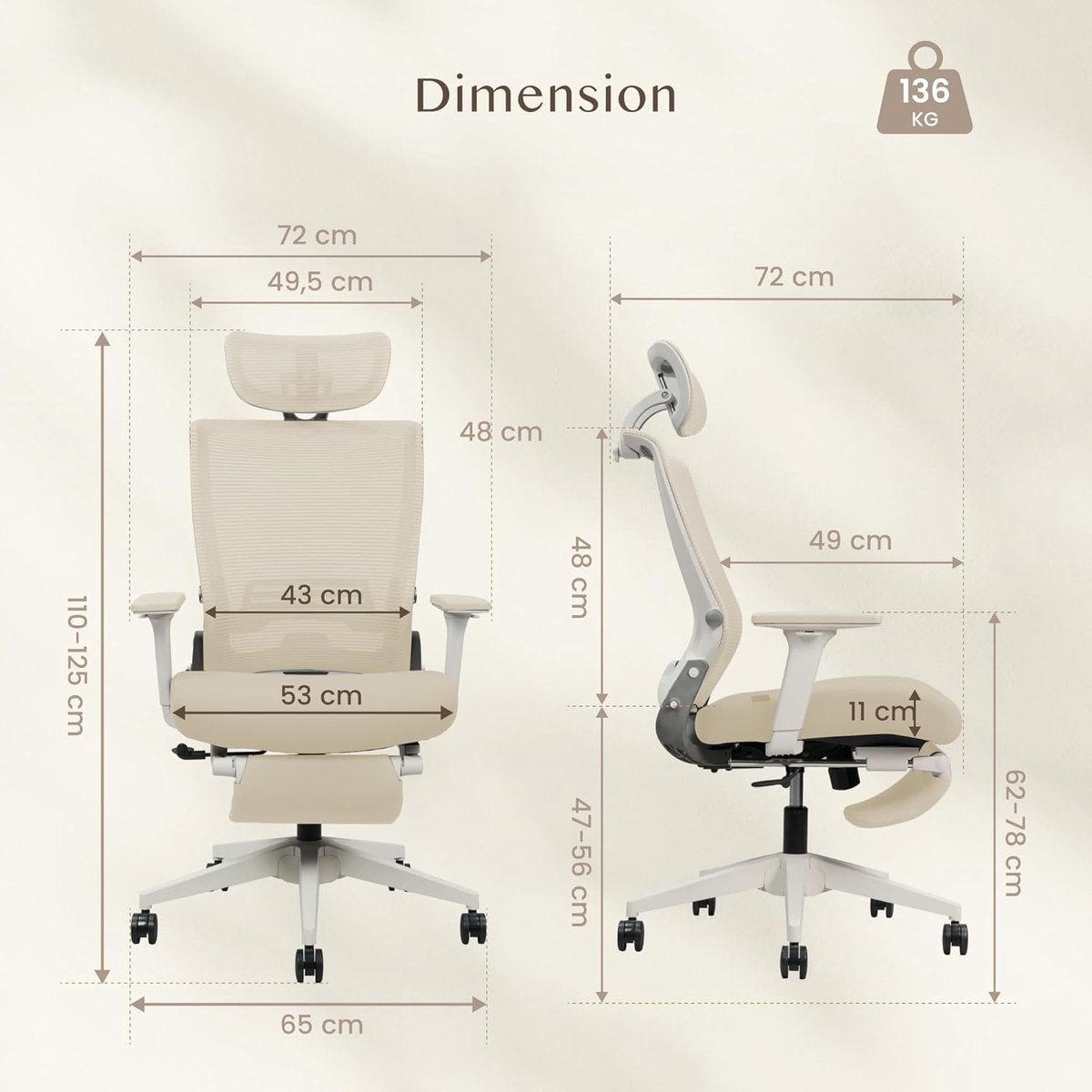 Ergonomische inklapbare bureaustoel met voetensteun – House&Garden Foldex – verstelbare lendensteun, 2D hoofdsteun, verstelbare armleuningen, opvouwbaar 90° design – crèmewit – ruimtebesparende comfortabele thuiswerk stoel