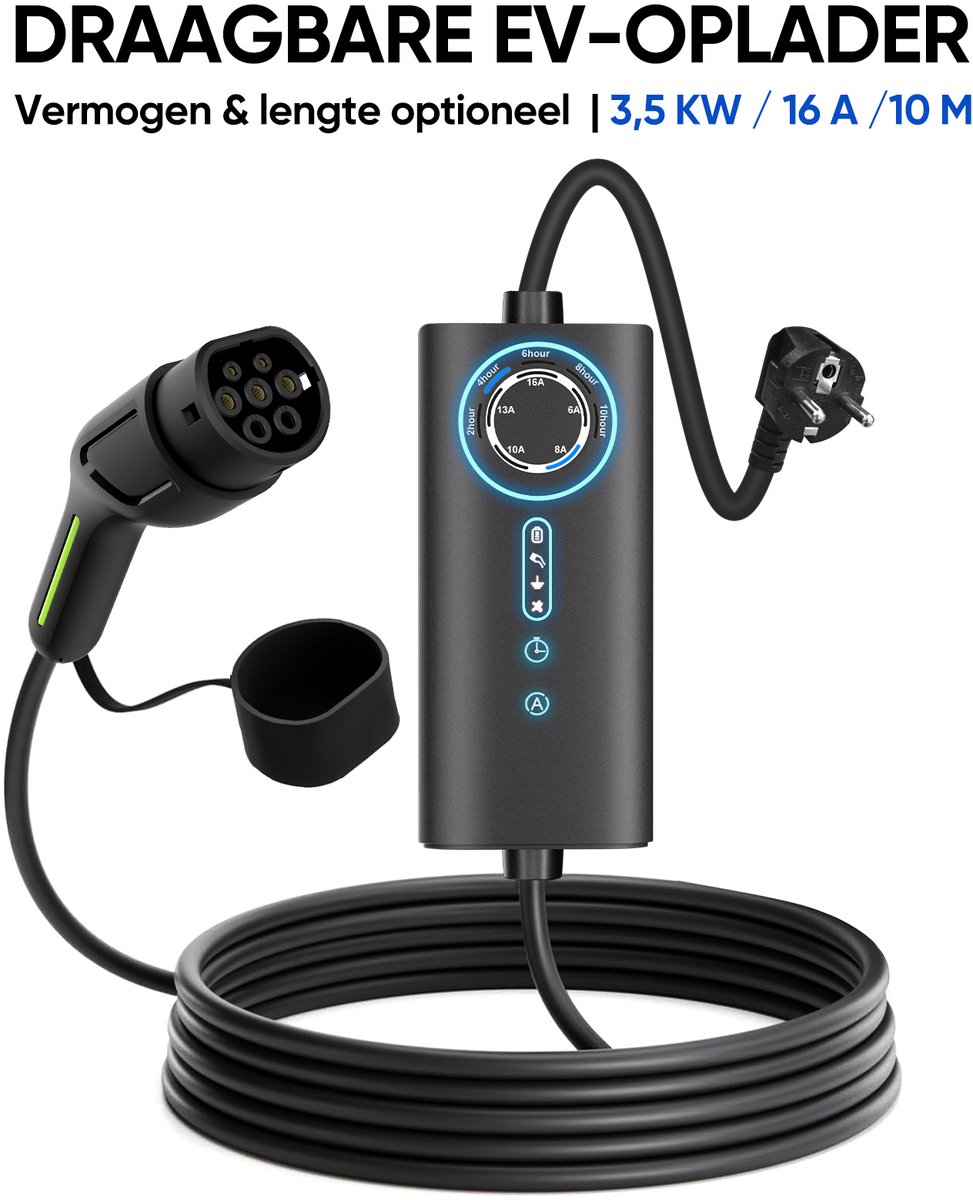 HexinexMarket enkelfasige EV-laadkabel Type 2 - 3.68KW 10M - Schuko Plug - bediening Schakelbare stroom 6A/8A/10A/13A/16A - Instelbare tijd - IEC62196-2 & IP67