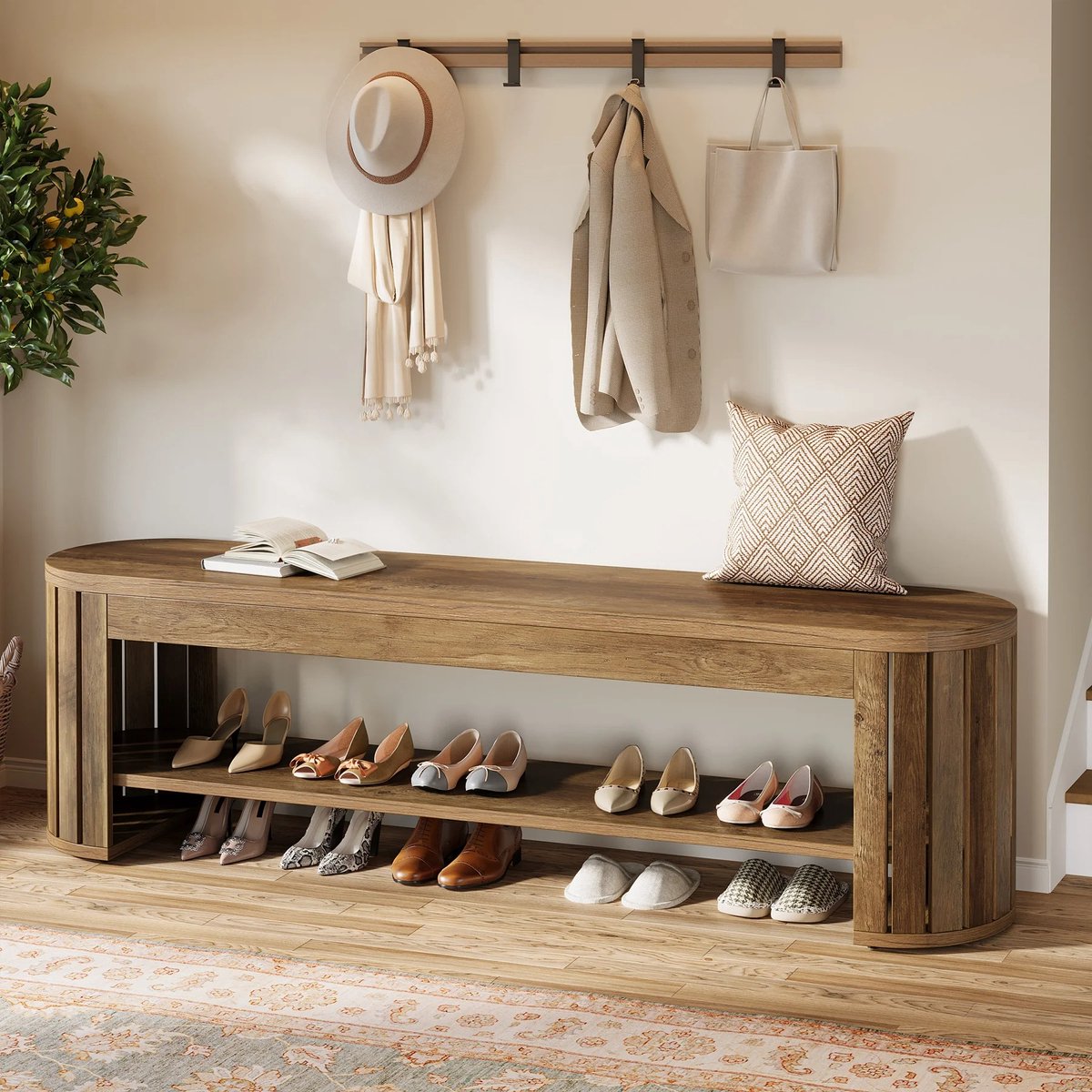 VIVERO - Schoenenbank - Bankje - Houten bankje - Halkastje - Schoenenrek - Hocker - Design houten entreebank met schoenenopbergruimte - 160x35x45 cm